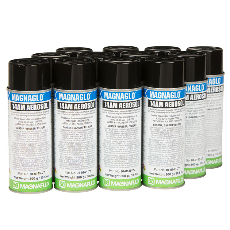Magnaflux 14AM Fluorescent Aerosol cans displayed, ideal for convenient magnetic particle testing and inspections.