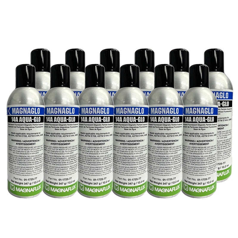 Multiple bottles of Magnaflux 14A Aqua-Glo fluorescent magnetic particle suspension, designed for high-quality inspection of ferromagnetic materials, displaying a bright yellow-green indication under UV light.