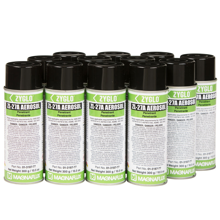 12 aerosol cans of Magnaflux ZL-27A Post Emulsifiable Fluorescent Penetrant