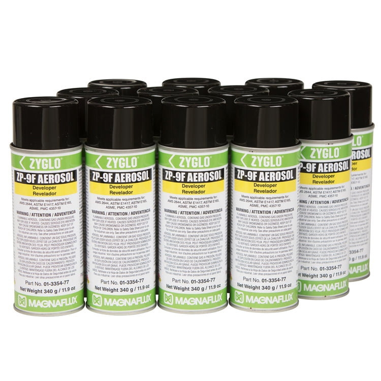Twelve aerosol cans of Magnaflux ZP-9F develeoper