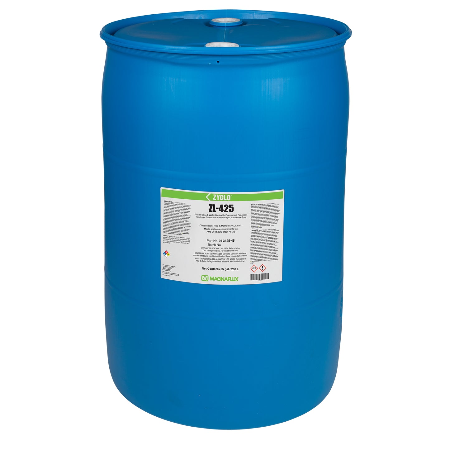 ZL-425 Water-Based Fluorescent Penetrant in a blue barrel by NDT Supplies - Woodward Equipment, ideal for identifying indications in various materials.