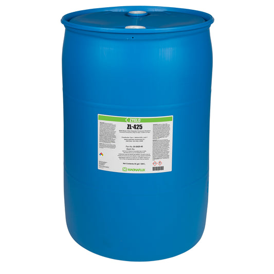 ZL-425 Water-Based Fluorescent Penetrant in a blue barrel by NDT Supplies - Woodward Equipment, ideal for identifying indications in various materials.
