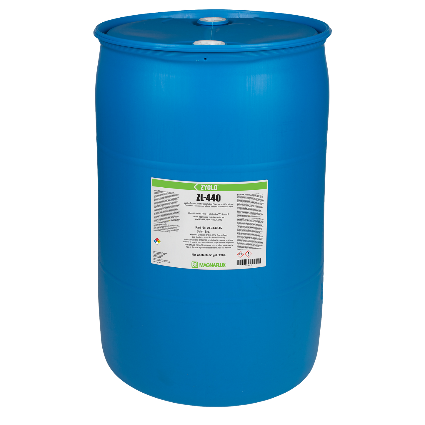 Blue barrel of ZL-440 Water-Based Fluorescent Penetrant from NDT Supplies - Woodward Equipment, ideal for non-destructive testing and inspection applications.