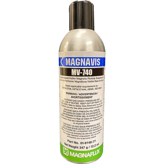 Magnaflux MV-740 Magnetic Particle Suspension in a spray can, designed for water-based visible magnetic particle testing to identify fine and medium discontinuities. A ready-to-use solution ideal for inspections, featuring eco-friendly packaging by Magnaflux.