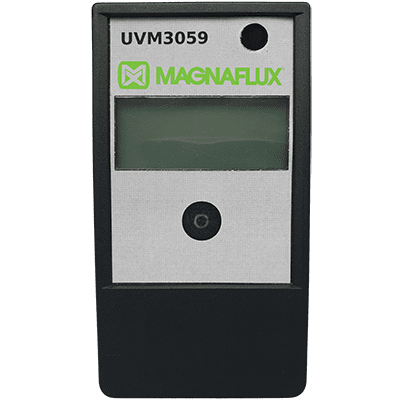Front view of the Magnaflux UVM3059 Digital UV Light Meter, showcasing its sleek design and digital display for measuring UV radiation.
