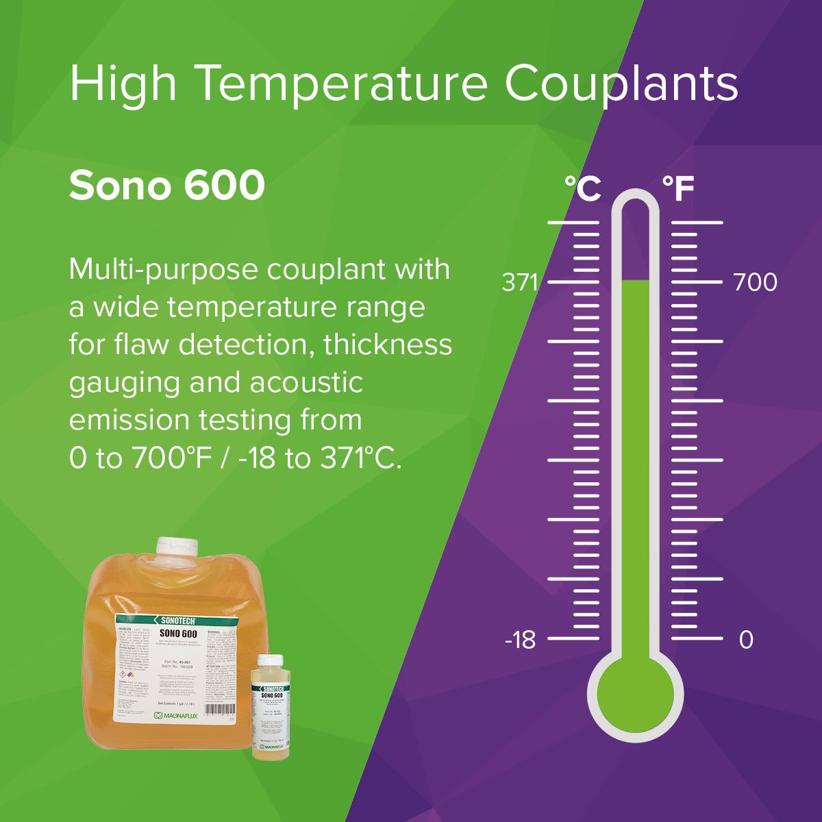Magnaflux Sono 600 couplant infographic showing temperature range