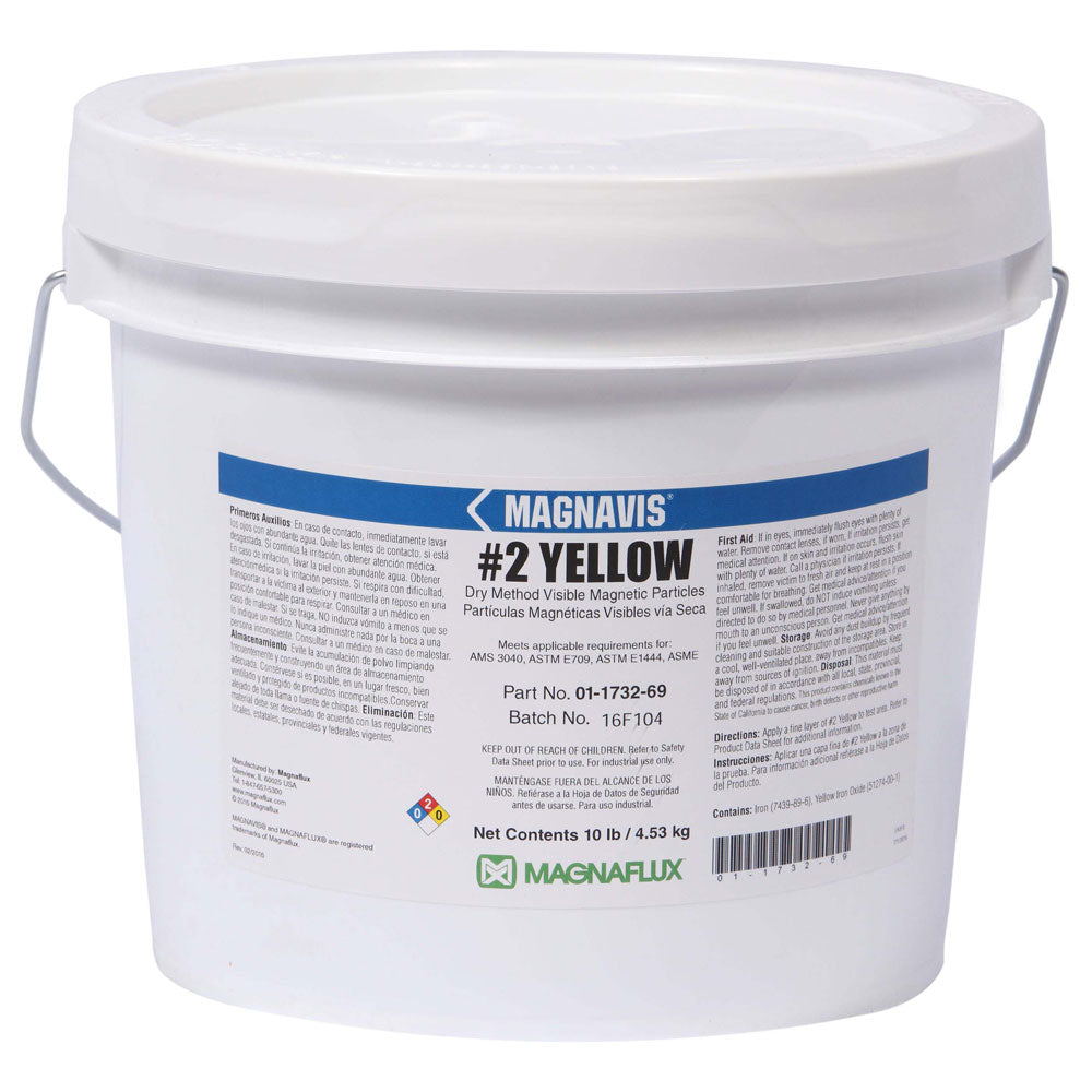 Magnaflux #2 Yellow Dry Method Non-Fluorescent Particles packaging in a bucket, designed for effective magnetic particle testing.