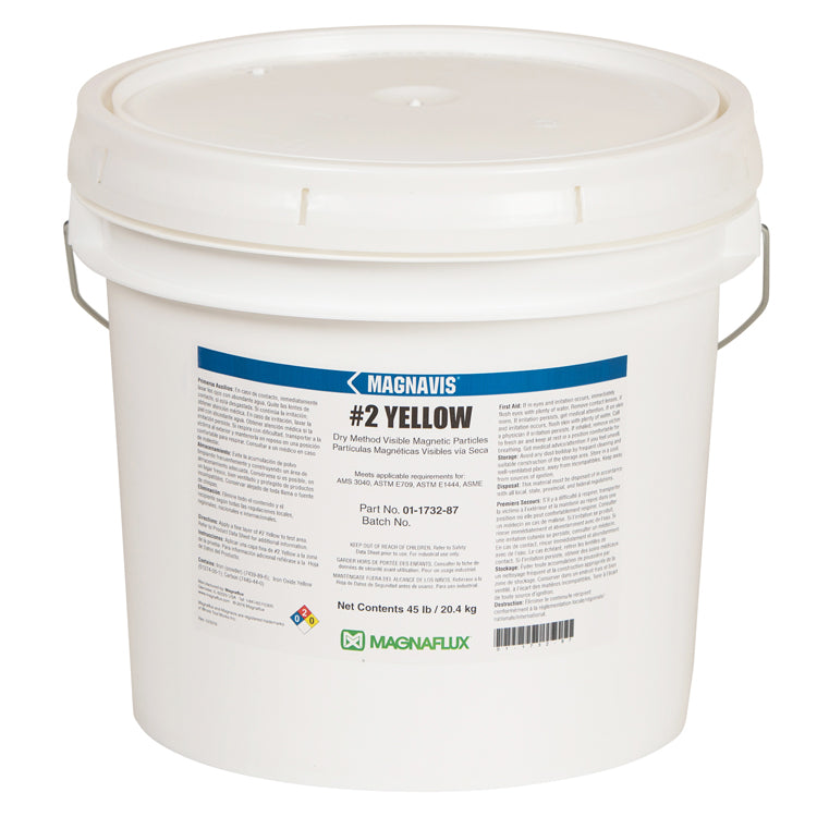 Large bucket of Magnaflux #2 Yellow Dry Method Non-Fluorescent Particles for efficient magnetic particle testing.