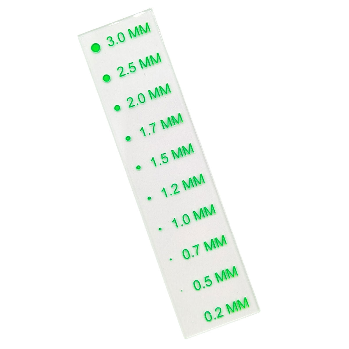 Close-up of a metric crack comparator measuring scale, featuring increments from 0.2mm to 3.0mm, offered by NDT Supplies, designed for precise inspections.
