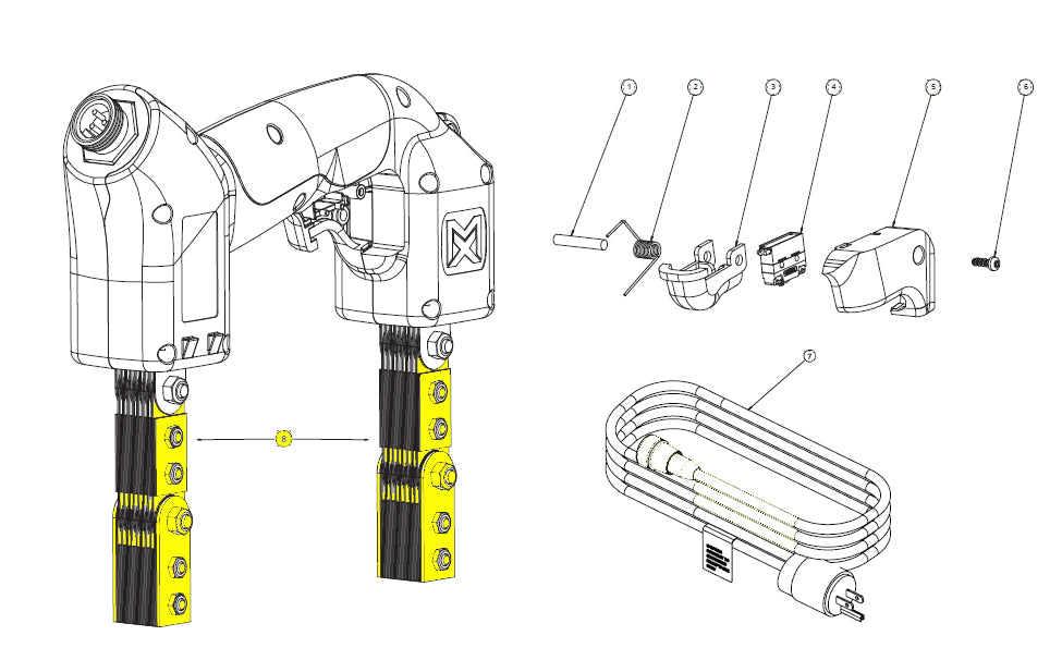 Illustration showing the Magnaflux Y-1 & Y-2 leg and foot assemblies setup, featuring detailed components for the LEG & FOOT ASSY, Y-1 & Y-2 (SET OF 2) by Magnaflux.