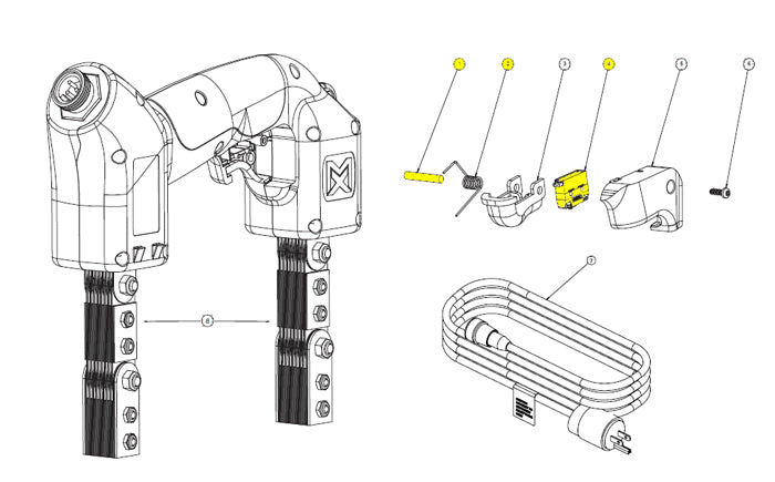 Y-2 Switch Replacement Kit from NDT Supplies - Woodward Equipment, detailing the parts including switch, spring, pin, and splices, illustrated with highlighted items in yellow.