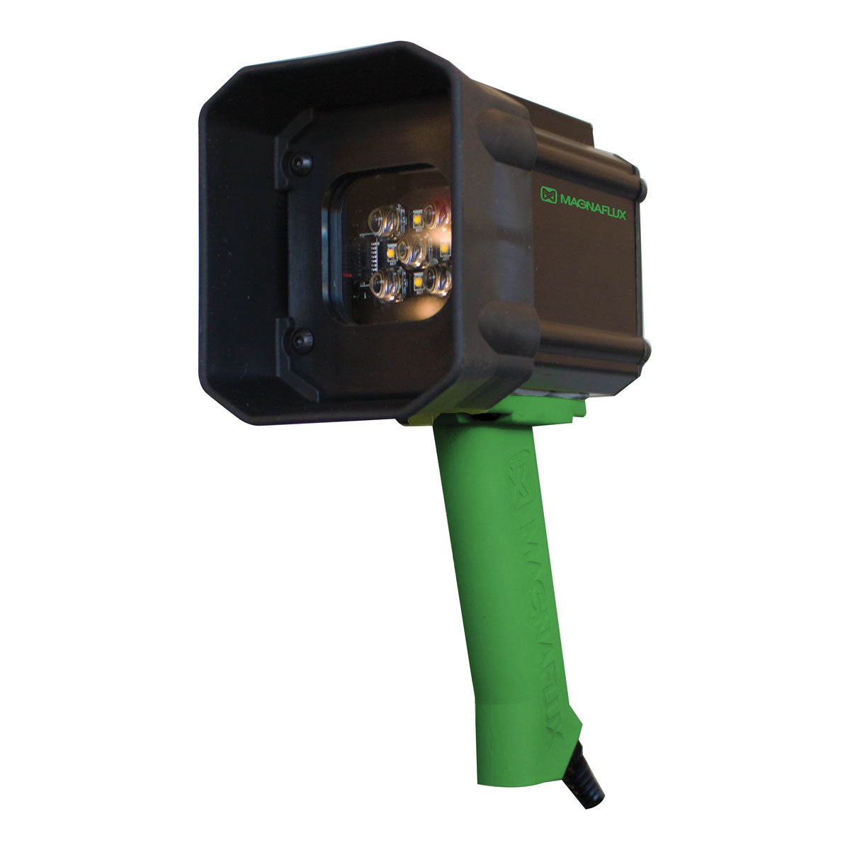 Magnaflux EV6500 High-Intensity, Dual Light LED UV Lamp showcasing its hand-held design and unique green handle for portable non-destructive testing.