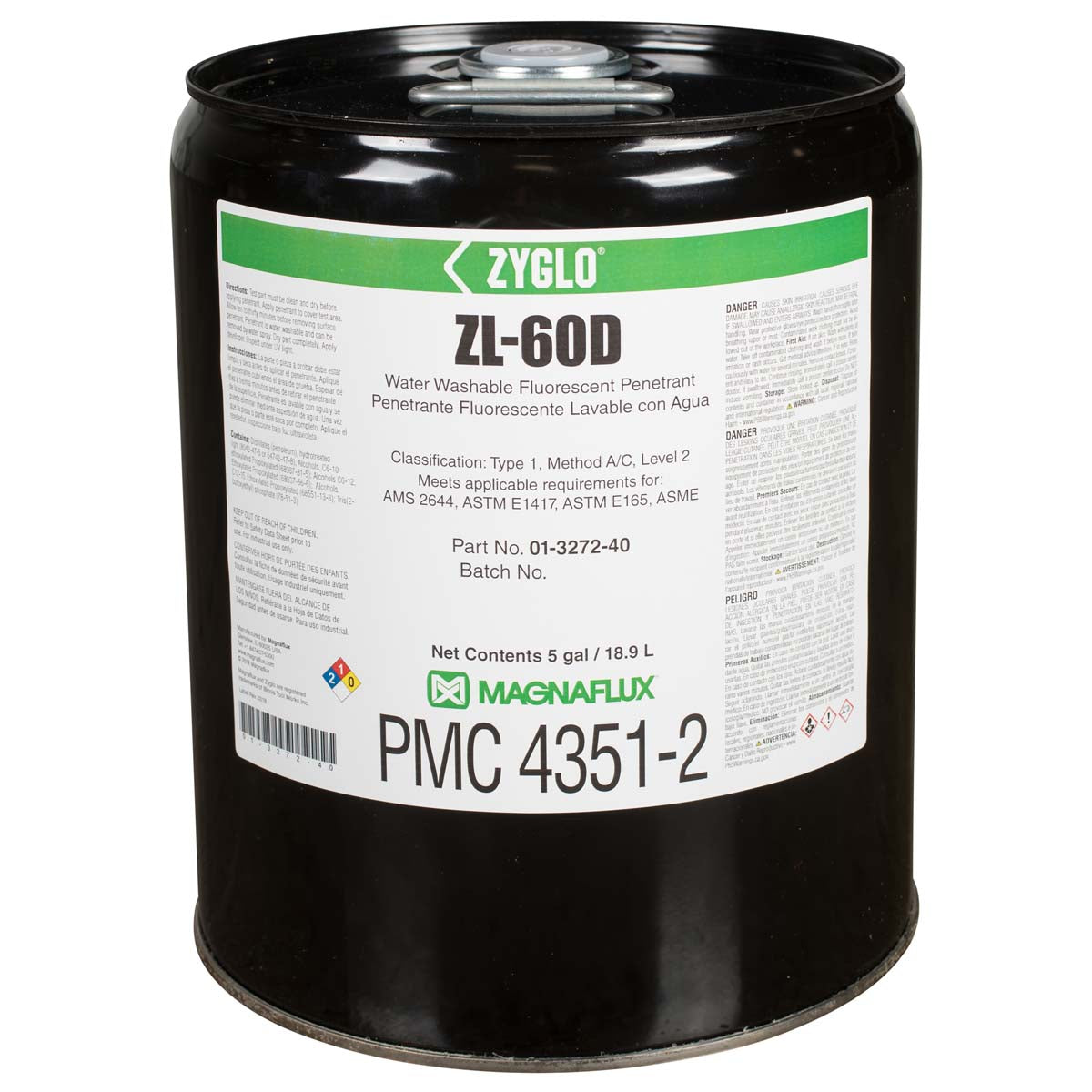 5 gallon pail of Magnaflux ZL-60D Water Washable Fluorescent Penetrant