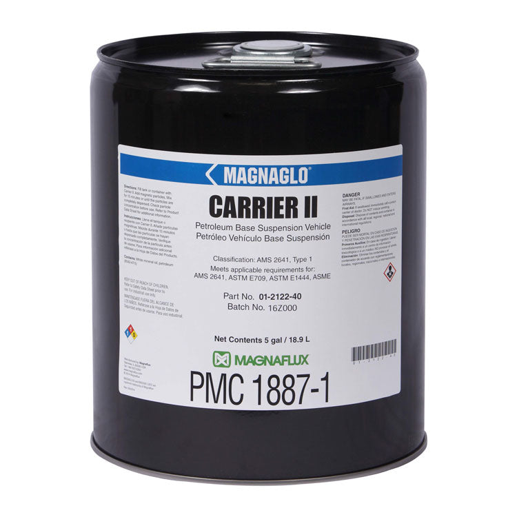 Carrier II Oil Petroleum Vehicle - Magnaflux 5-gallon container showcasing clear labeling and product specifications for magnetic particle testing.