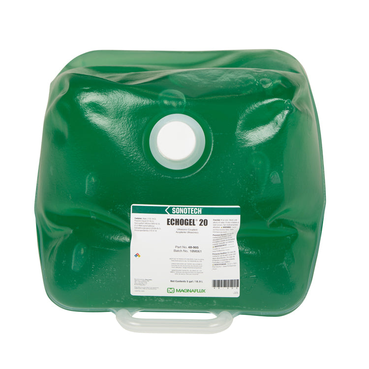 Top view of the Echogel 20 container by Magnaflux, showcasing its durable design and clear label, ideal for ultrasonic testing applications.