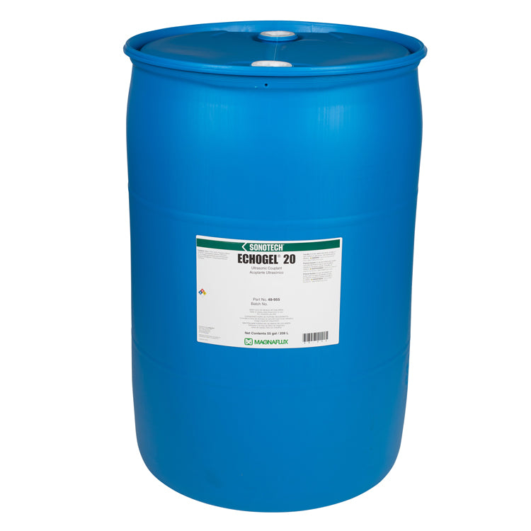 Blue drum of Echogel 20 from Magnaflux, an economical ultrasonic couplant for various applications including ultrasonic inspections and flaw detection.