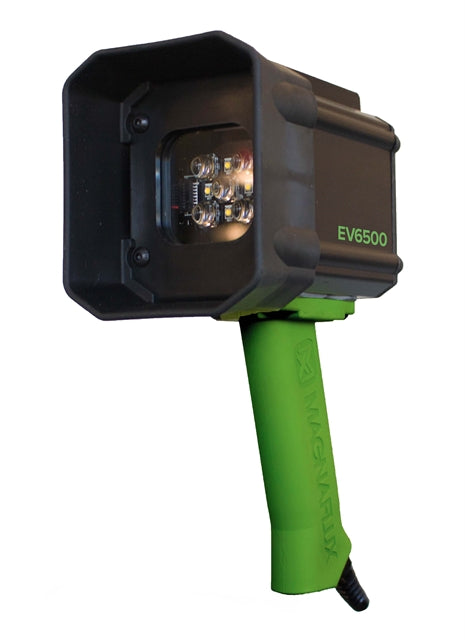Image of the Magnaflux EV6500 High-Intensity, Dual Light LED UV Lamp, highlighting its durable design and built-in LED features.