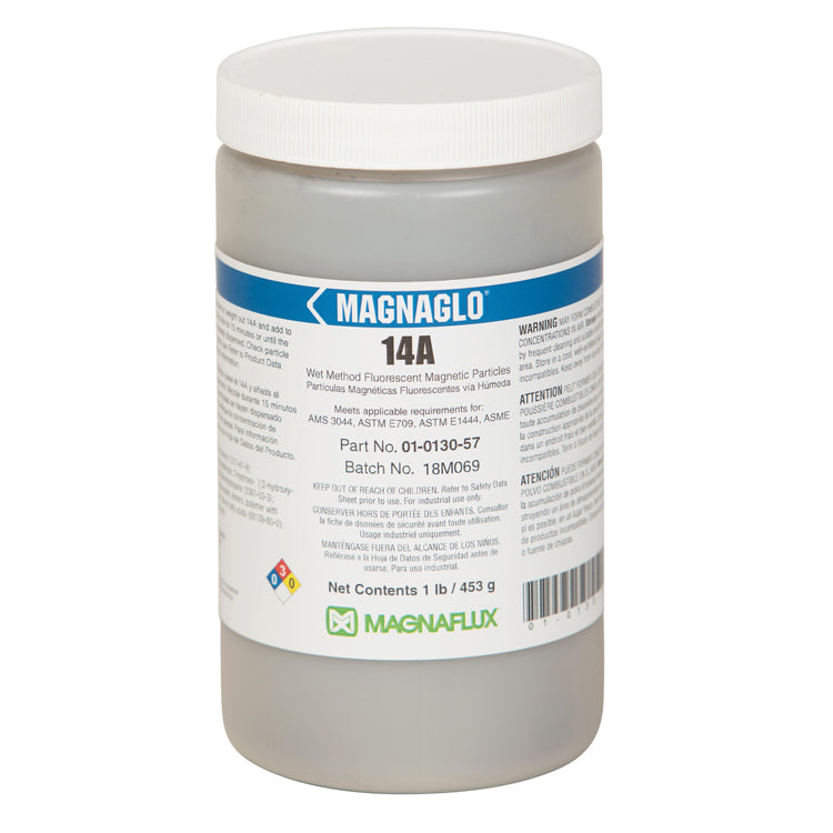 Magnaflux 14A Fluorescent Particles in a clear container, ideal for detecting fine discontinuities in critical applications, expertly designed for inspections in various industries.