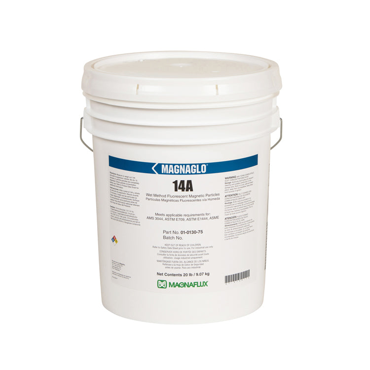 Magnaflux 14A Wet Method Fluorescent Magnetic Particles in a white bucket, highlighting storage for high-sensitivity magnetic particles used in inspections.