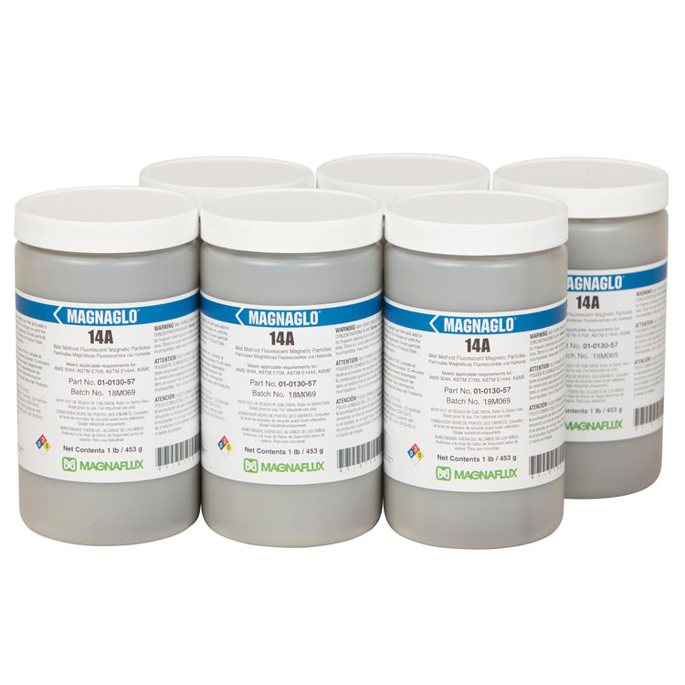 Magnaflux 14A Fluorescent Magnetic Particles in gray jars, showcasing the packaging of the product designed for detecting fine discontinuities in critical applications.