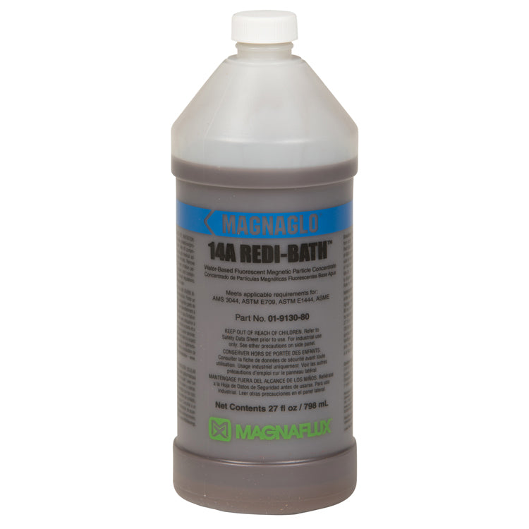 Single bottle of Magnaflux 14A Redi-Bath Fluorescent Particles, highlighting its use for magnetic particle testing and inspection of ferromagnetic materials.
