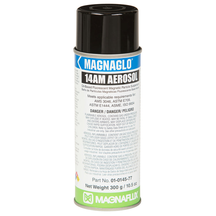 Single can of Magnaflux 14AM Fluorescent Aerosol, suitable for oil-based magnetic particle inspection solutions.