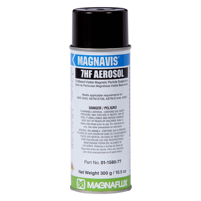 Single can of Magnaflux 7HF Black Non-Fluorescent Particle aerosol, highlighting its oil-based visible magnetic particle suspension for precise inspections.