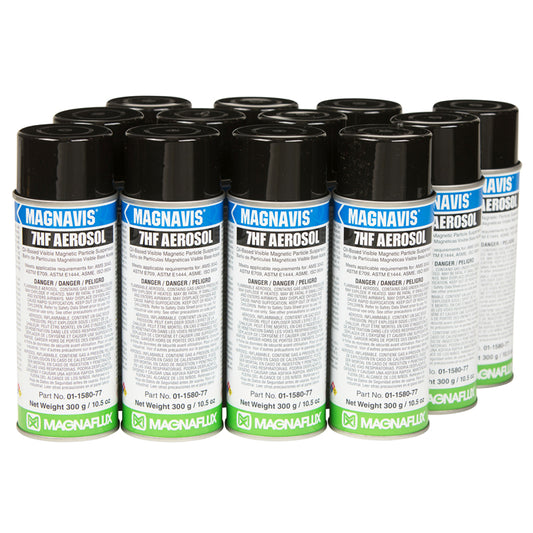 A collection of Magnaflux 7HF Black Non-Fluorescent Particle aerosol cans, showcasing the product's design and branding for visible magnetic particle testing.