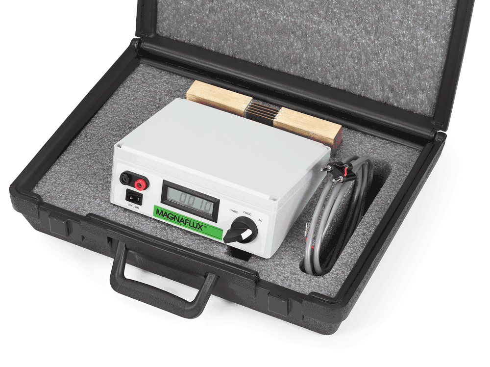 Magnaflux Ammeter Shunt Kit displayed in a portable storage case, showcasing a digital ammeter and shunt for measuring magnetizing current in magnetic particle inspection equipment.