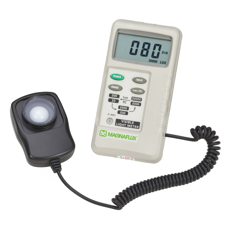 Magnaflux Digital White Light / Visible Light Meter displayed with a visible light sensor, showcasing its digital readout and features for accurate measurement in foot-candles and lux.