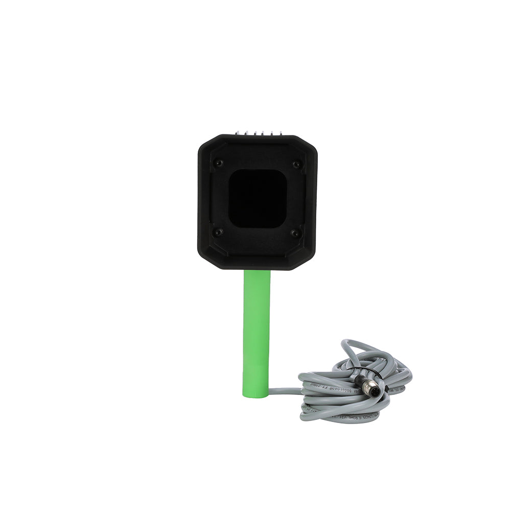 A hand-held Magnaflux EV6000 LED UV black light lamp with a green handle and black body front view.