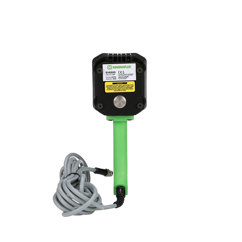Side view of the Magnaflux EV6500 High-Intensity, Dual Light LED UV Lamp with cable attachment, emphasizing its ergonomic design for ease of use in non-destructive testing.