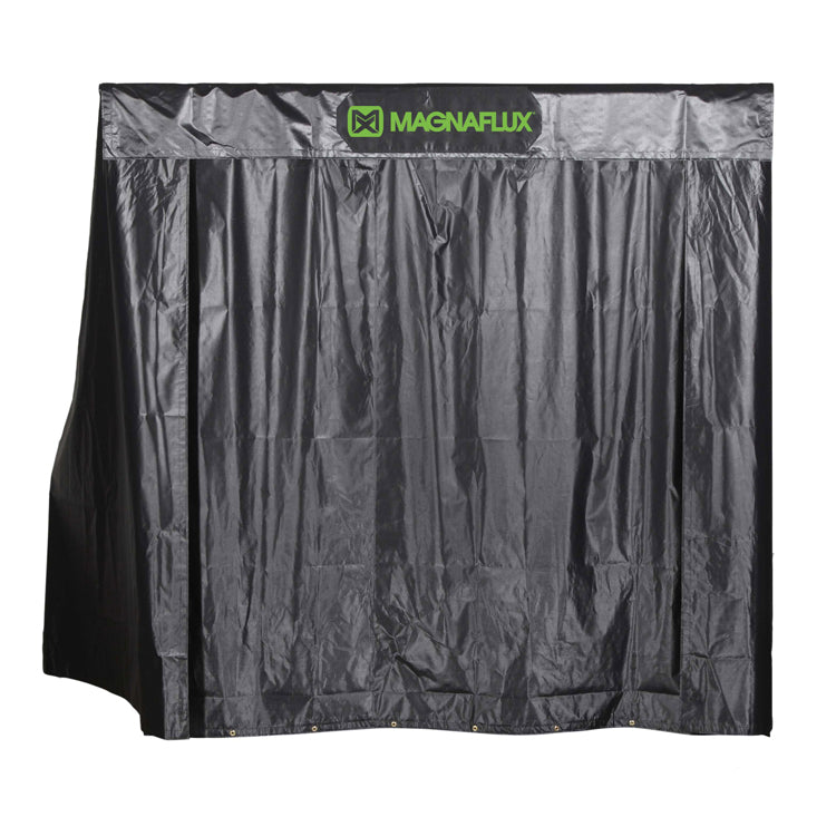 Magnaflux Mag Kit Hood Assembly featuring durable flame-resistant black curtains for improved inspection environments, showcasing easy access front theater style curtain.