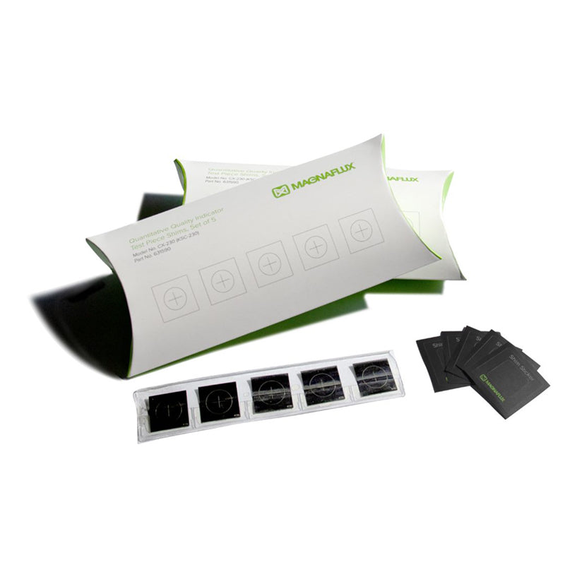 Magnaflux QQI Model CX4-230 packaging, showcasing the innovative shims and their use in quality indicators for magnetization setup.