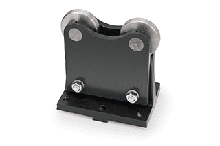 Magnaflux Rail-mounted roller-type steady rest featuring a durable design with two rollers, ideal for supporting various part lengths on manufacturing rails.
