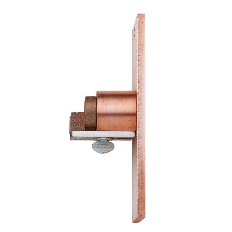 Side view of the Magnaflux Small Parts Adapter Tailstock, showcasing its solid copper construction, designed for inspection of small components.