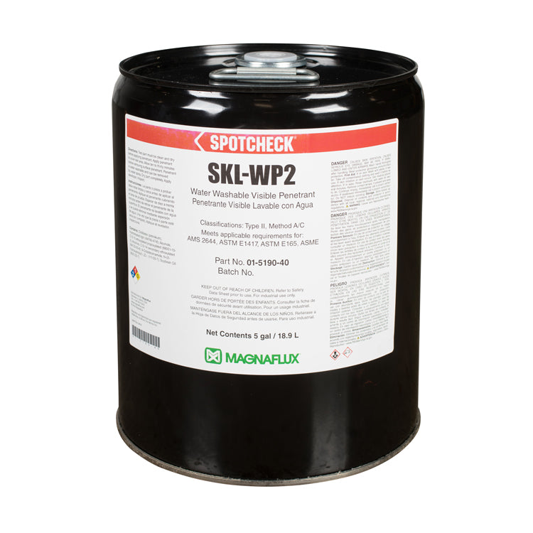 Five gallon container of Magnaflux Spotcheck SKL-WP2 Penetrant