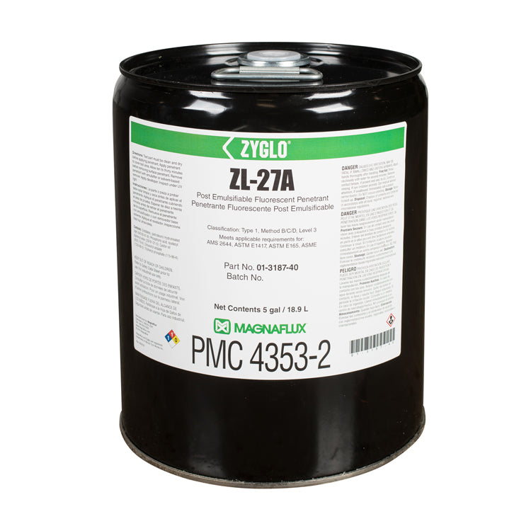 Five gallon pail of Magnaflux ZL-27A Post Emulsifiable Fluorescent Penetrant