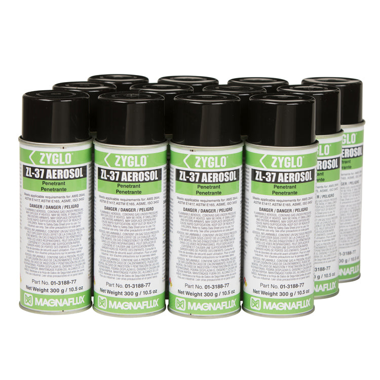 Twelve aerosol cans of Magnaflux ZL-37 Post Emulsifiable Fluorescent Penetrant