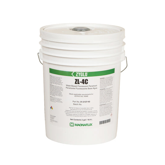 Magnaflux Zyglo ZL-4C Penetrant in a large white container, showcasing water-based fluorescent penetrant suitable for leak detection and safe for various materials.