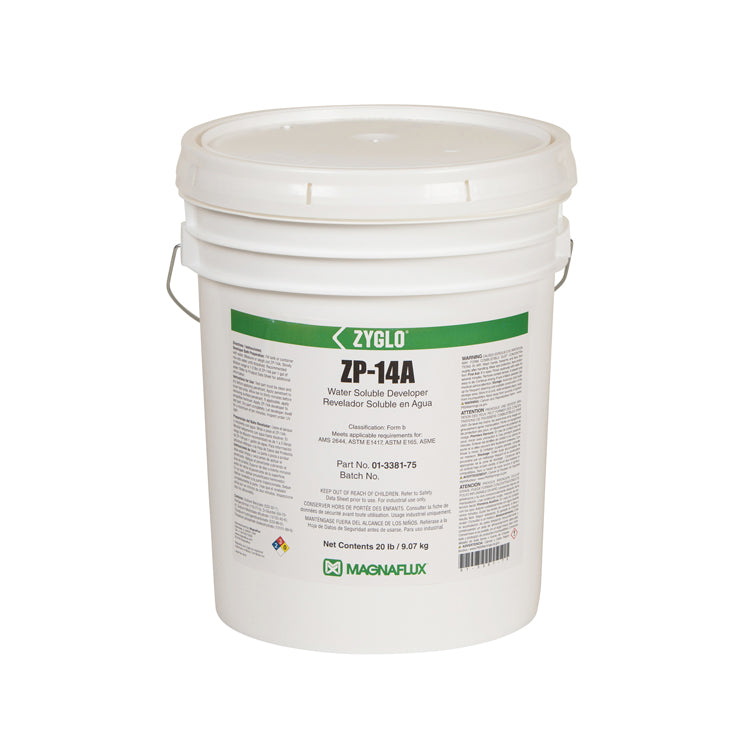 A pail of Magnaflux Zyglo ZP-14A Water Soluable Developer for NDT Inspection