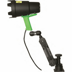 Blacklight Mounting Systems featuring a handheld black light with a green handle and adjustable arm, showcasing modular design suitable for non-destructive testing.