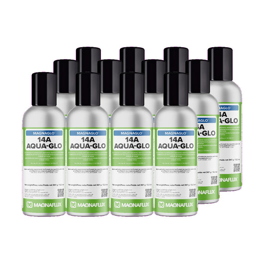 Multiple bottles of Magnaflux 14A Aqua-Glo on a white background