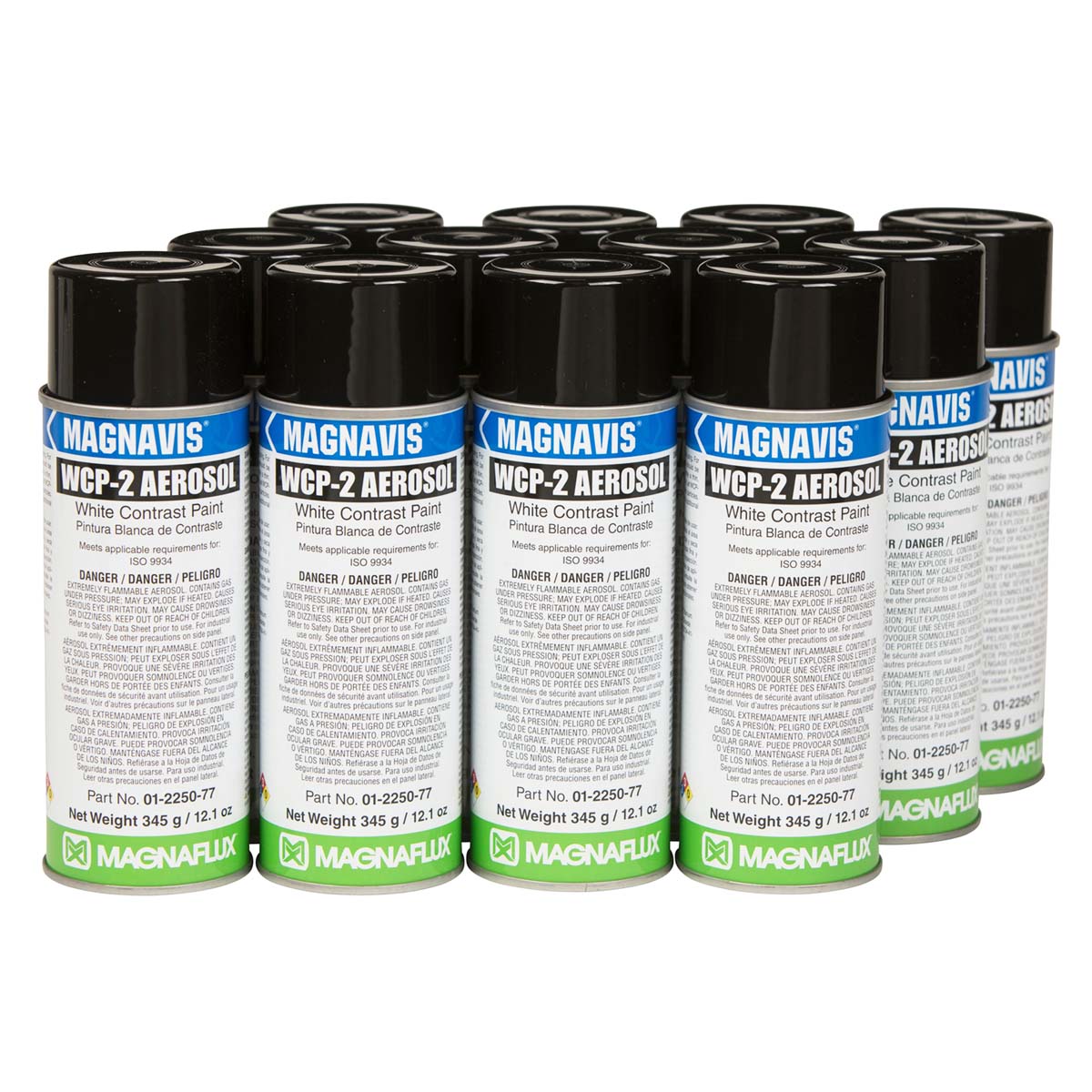 Twelve aerosol cans of Magnaflux WCP-2 White Contrast Paint