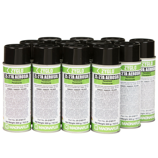 12 aerosol cans of Magnaflux ZL-27A Post Emulsifiable Fluorescent Penetrant