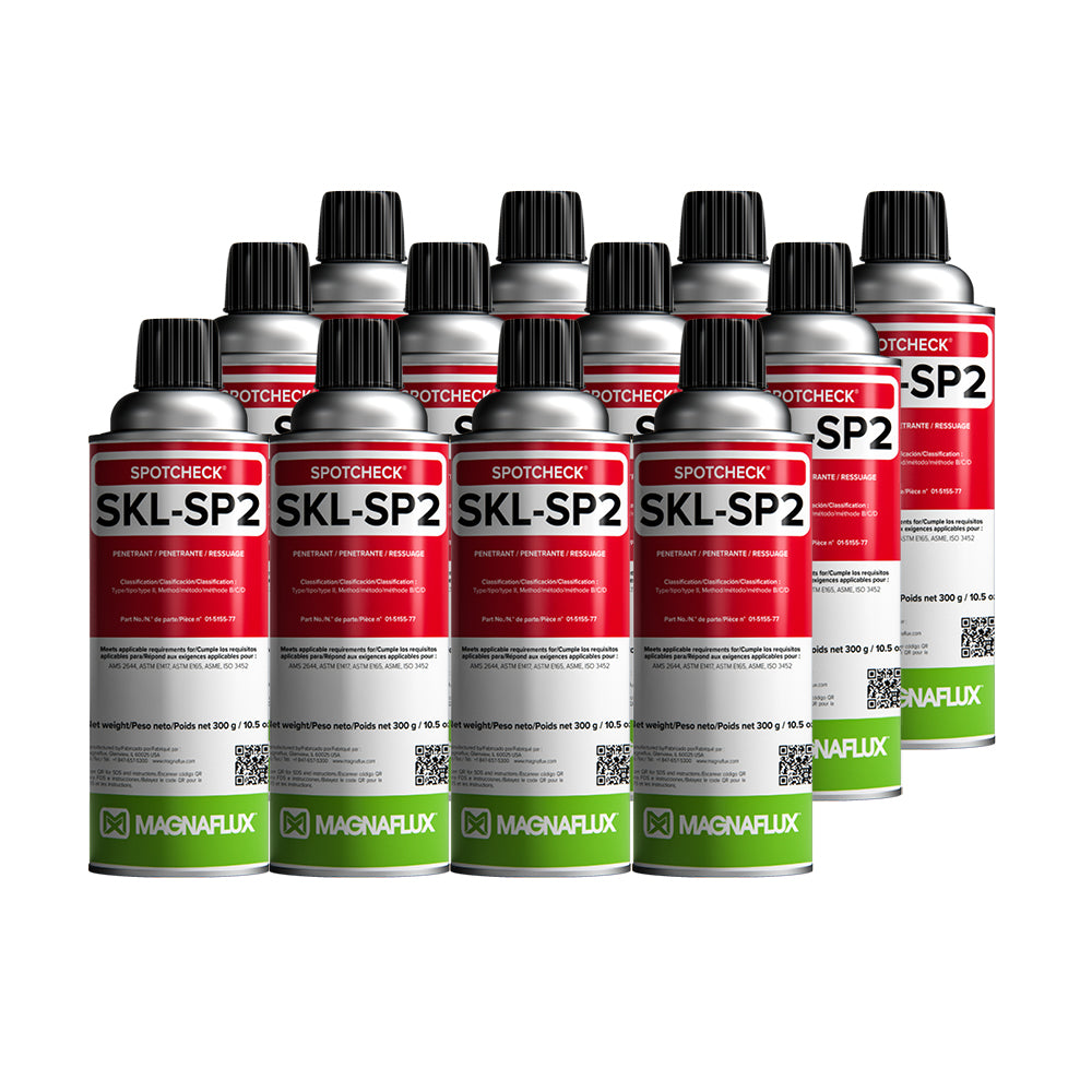Multiple bottles of Spotcheck SKL-SP2 Magnaflux product on a white background