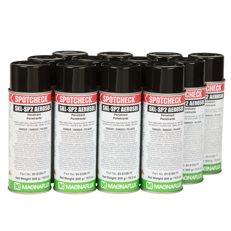 Twelve aerosol cans of Magnaflux Spotcheck SKL-SP2 Penetrant