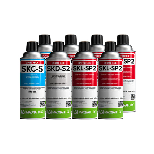 Set of Magnaflux Spotcheck SKL-SP2 and SKC-S & SKD-S2 aerosols on a white background