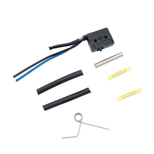 Electrical components including wires, connectors, and springs on a white background