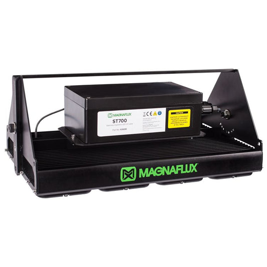 Magnaflux ST700 Stationary Inspection LED UV Lamp, designed for high-intensity UV-A illumination in non-destructive testing, showcasing its durable aluminum construction and integrated features for efficient inspections.